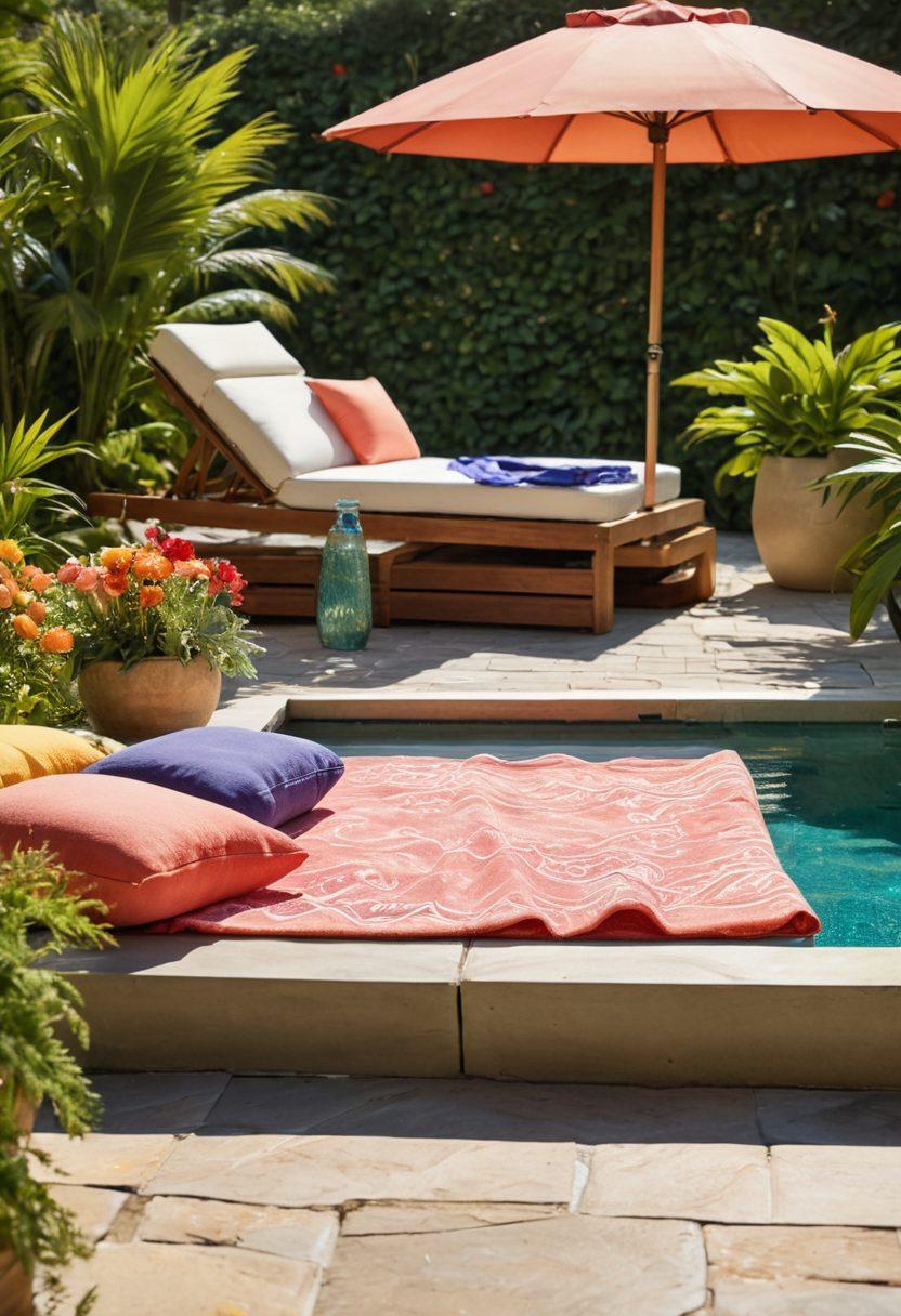 A serene outdoor patio featuring a luxurious hot tub surrounded by lush greenery and colorful flowers. In the foreground, a stylish sunbathing area with vibrant beach towels, sun hats, and playful beach toys, invoking feelings of joy and relaxation. The scene is illuminated by warm sunlight, casting cheerful shadows and creating an inviting atmosphere. Add pastel-colored accents and playful elements like a cheerful beach ball or a cocktail with an umbrella. super-realistic. vibrant colors. sunny ambiance.