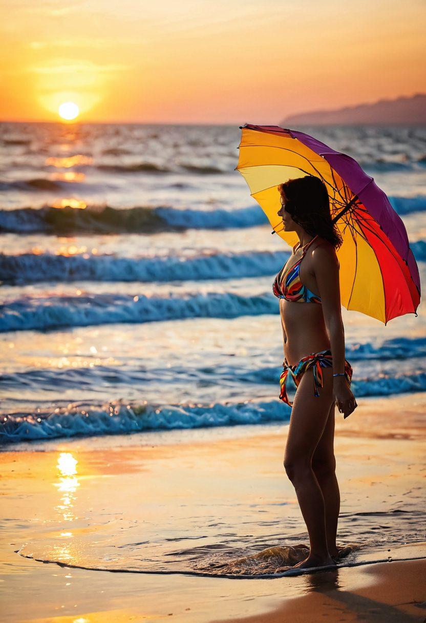 A serene beach scene capturing the vibrant joy of colorful beachwear against a backdrop of soft melancholic waves. A carefree figure in bright swimwear joyfully splashes in the water, while umbrellas and beach towels in bright hues pepper the sandy shore. The sun sets in the background, casting warm golden hues over the scene. surreal. vibrant colors. soft focus.