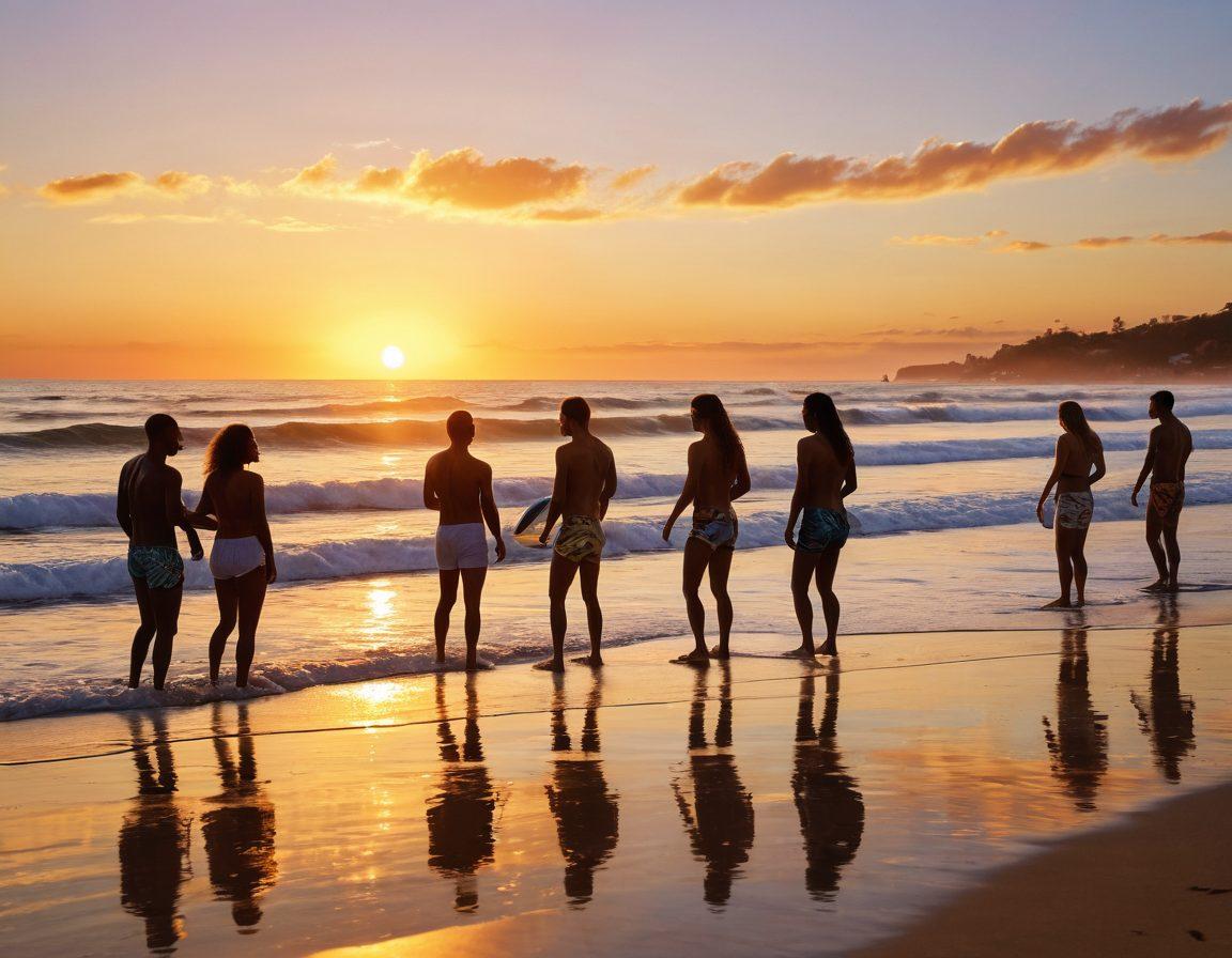 A serene beach scene with lively waves crashing onto the shore, reflecting the golden hues of a summer sunset. In the foreground, a diverse group of people in stylish summer fashion, laughing and embracing the moment, while others engage in playful activities like surfing and beach volleyball. Subtle hints of inner sadness are represented by a few individuals gazing contemplatively at the ocean. The overall feeling should be one of warmth and joy, balancing carefree summer vibes with deeper emotions. vibrant colors. super-realistic. cheerful atmosphere.